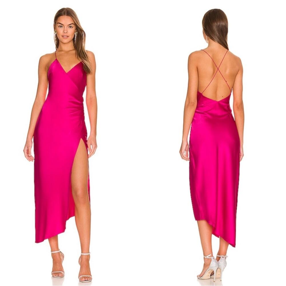 SEROYA Emma Silk Asymmetric Magenta Pink Midi Dress Size XS